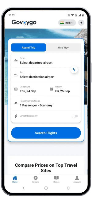 Govoygo mobile app showing flight search